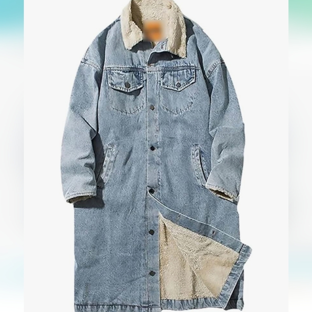 Long DENIM jean jacket/coat Fleece lined button thicker